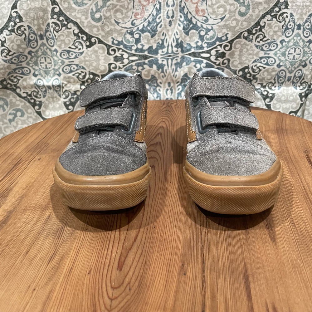 Vans Boys 10.5 Grey Suede with gum soles and Velcro straps.